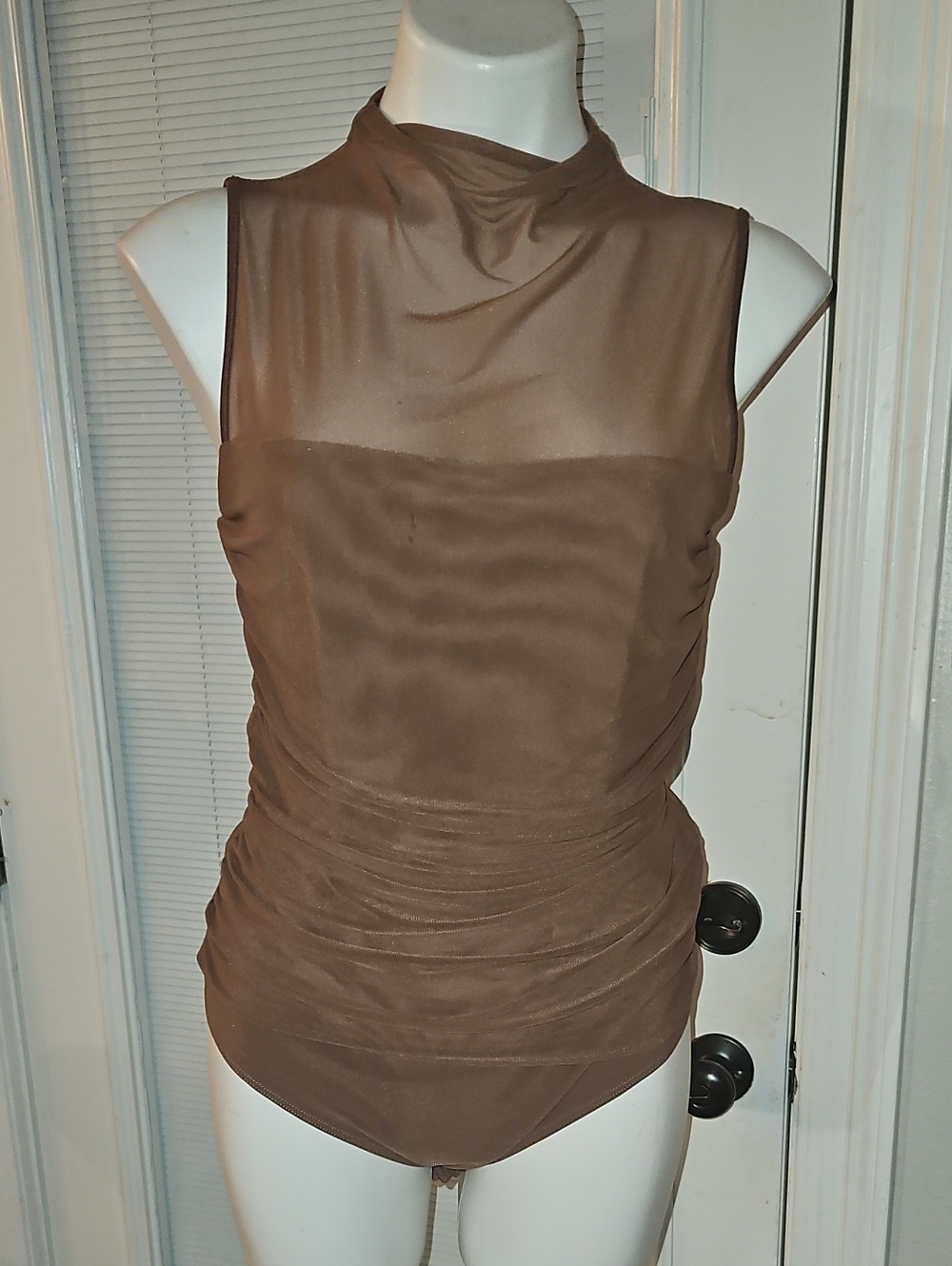 ReoRia Brown Sleeveless Mock-Neck Ruched Bodysuit
